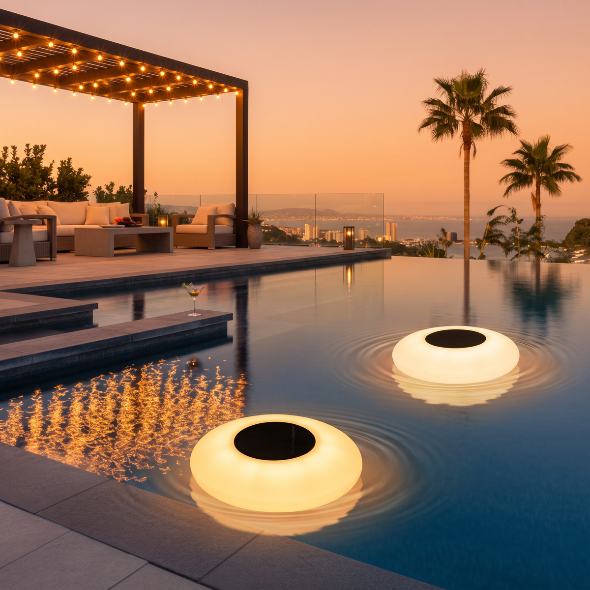 Solar RGB floating pond light - warm white, golden hour pool setting