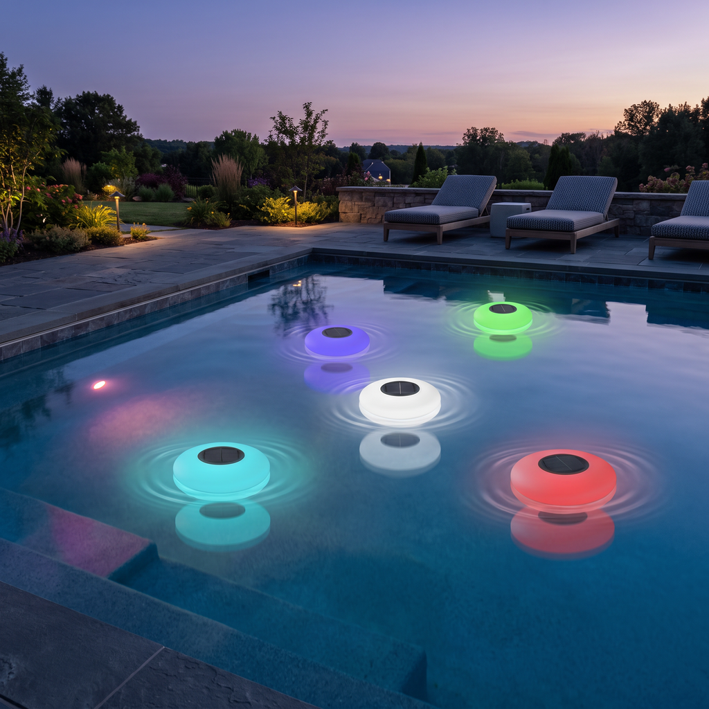 Solar RGB floating pond light - multicolour RGB display, dusk pool setting