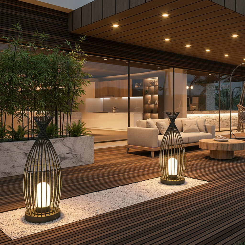 Industrial Caged Stainless Steel Outdoor Garden Floor Lamp — Waterproof