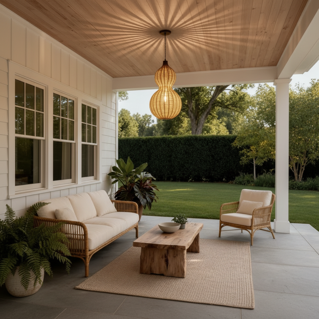 Natural Rattan Gourd Pendant Light — IP65 Indoor Outdoor E27 Warm White