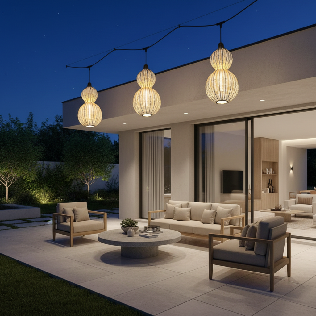 Natural Rattan Gourd Pendant Light — IP65 Indoor Outdoor E27 Warm White