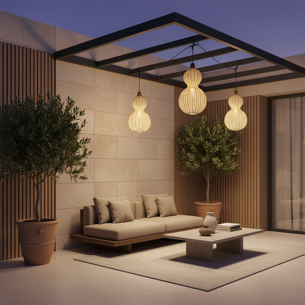 Natural Rattan Gourd Pendant Light — IP65 Indoor Outdoor E27 Warm White
