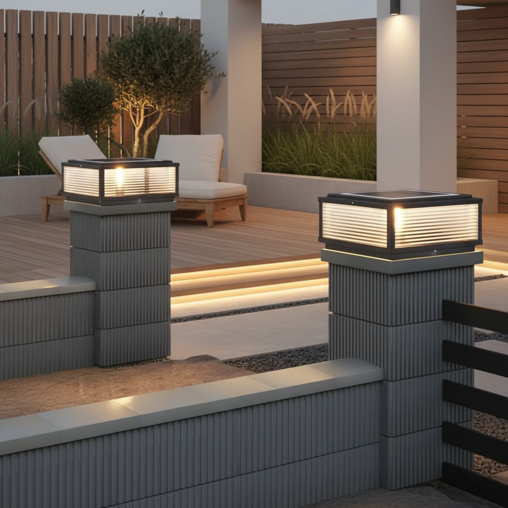 Ribbed Glass Solar Pillar Light — Black Die-Cast Aluminium Garden