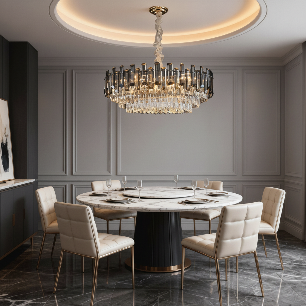 Round Crystal Multi-Light Chandelier — Gold Metal Luxury Drum Ceiling
