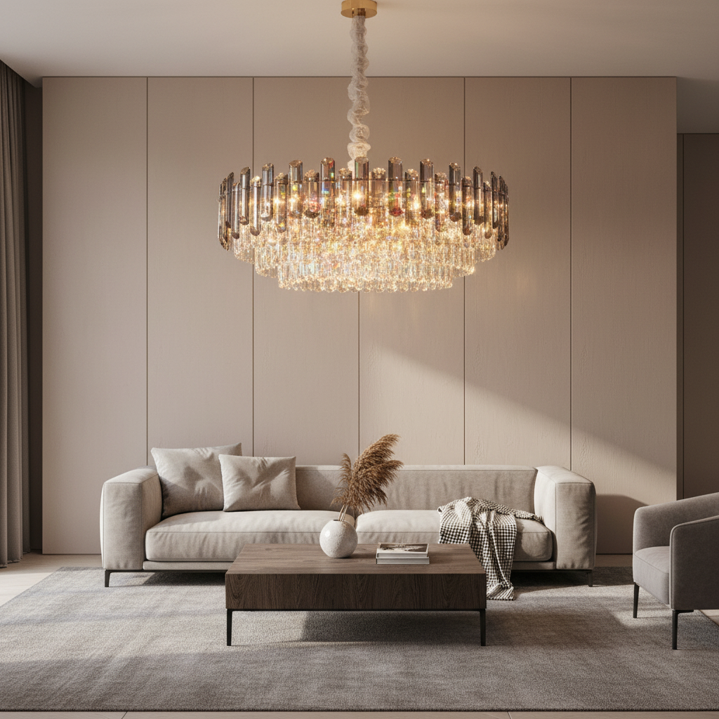 Round Crystal Multi-Light Chandelier — Gold Metal Luxury Drum Ceiling