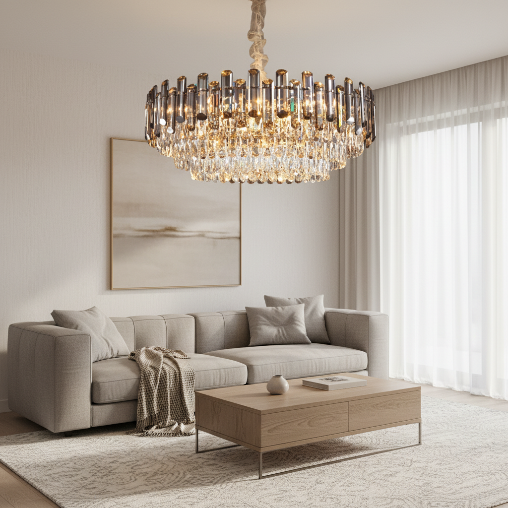 Round Crystal Multi-Light Chandelier — Gold Metal Luxury Drum Ceiling