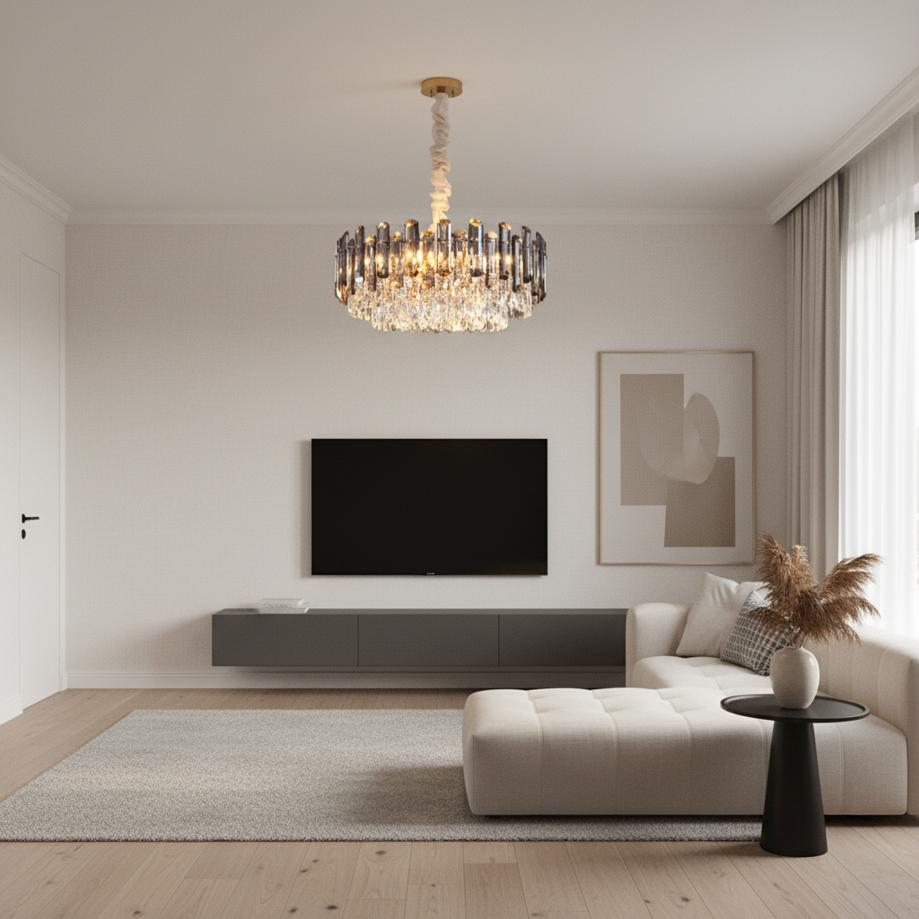 Round Crystal Multi-Light Chandelier — Gold Metal Luxury Drum Ceiling