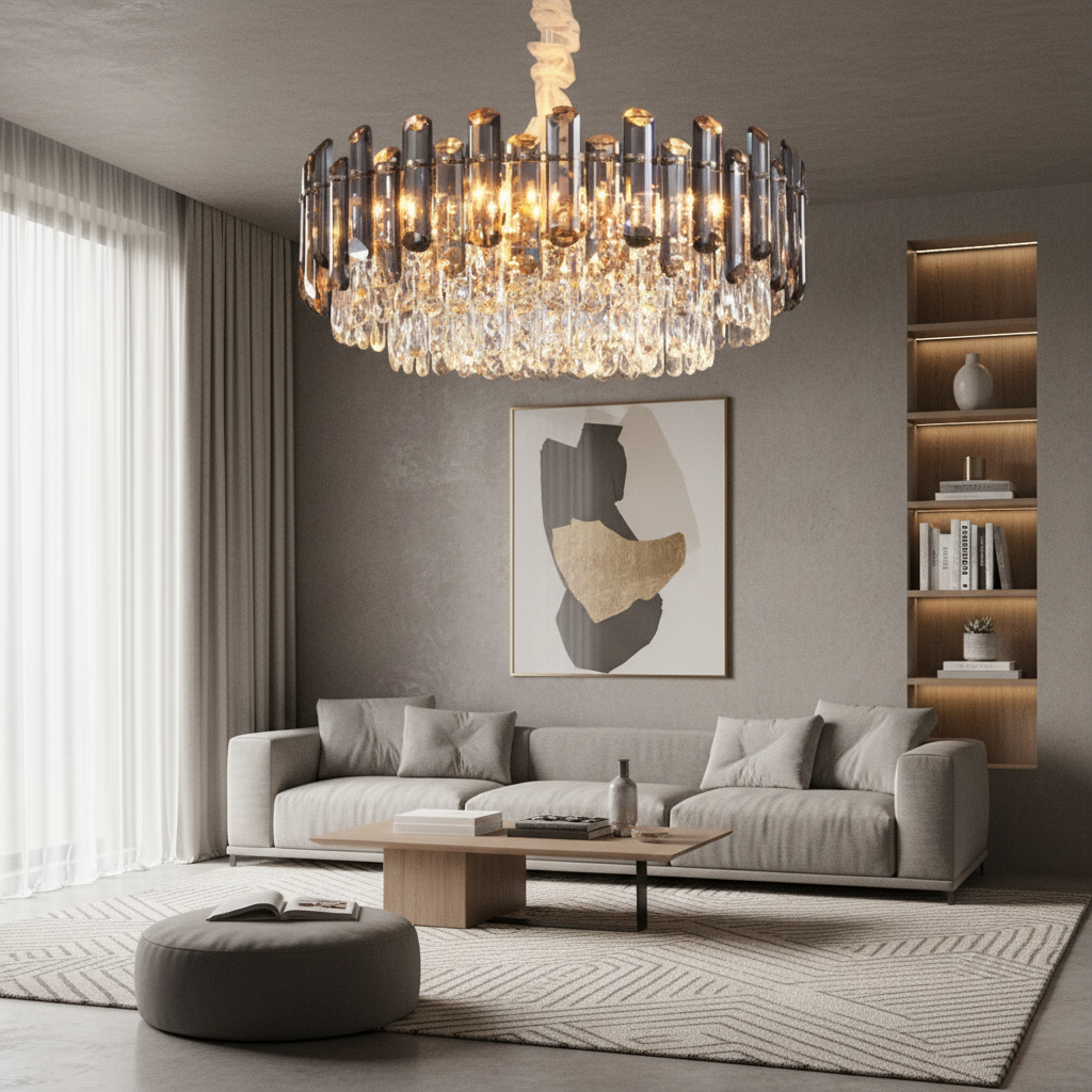 Round Crystal Multi-Light Chandelier — Gold Metal Luxury Drum Ceiling