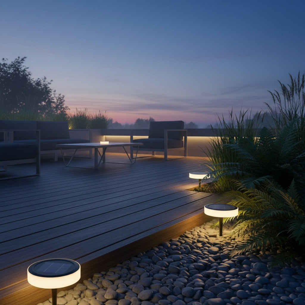 Round Solar Garden Stake Lights — Warm Ambient LED Decorative Pathway