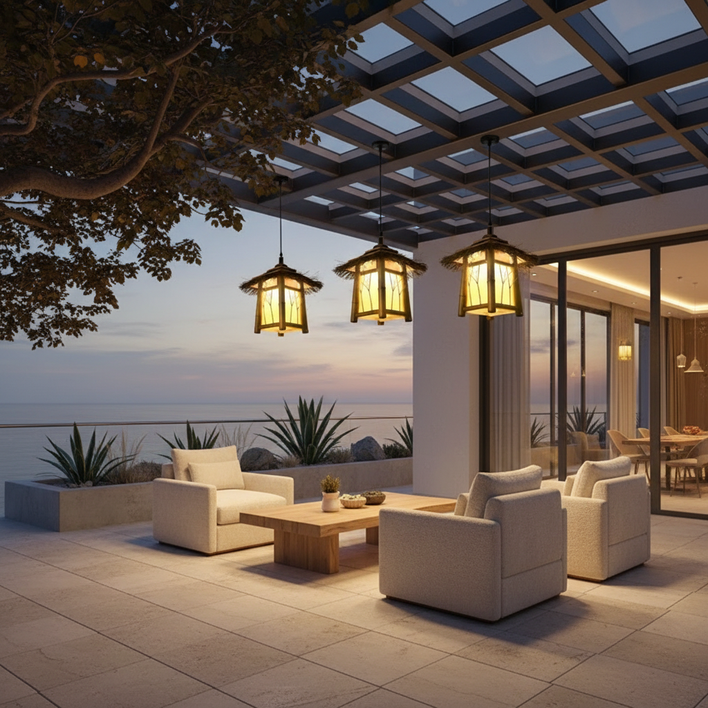 Rustic Bamboo Outdoor Pendant Wall Light — Modern LED Garden Patio