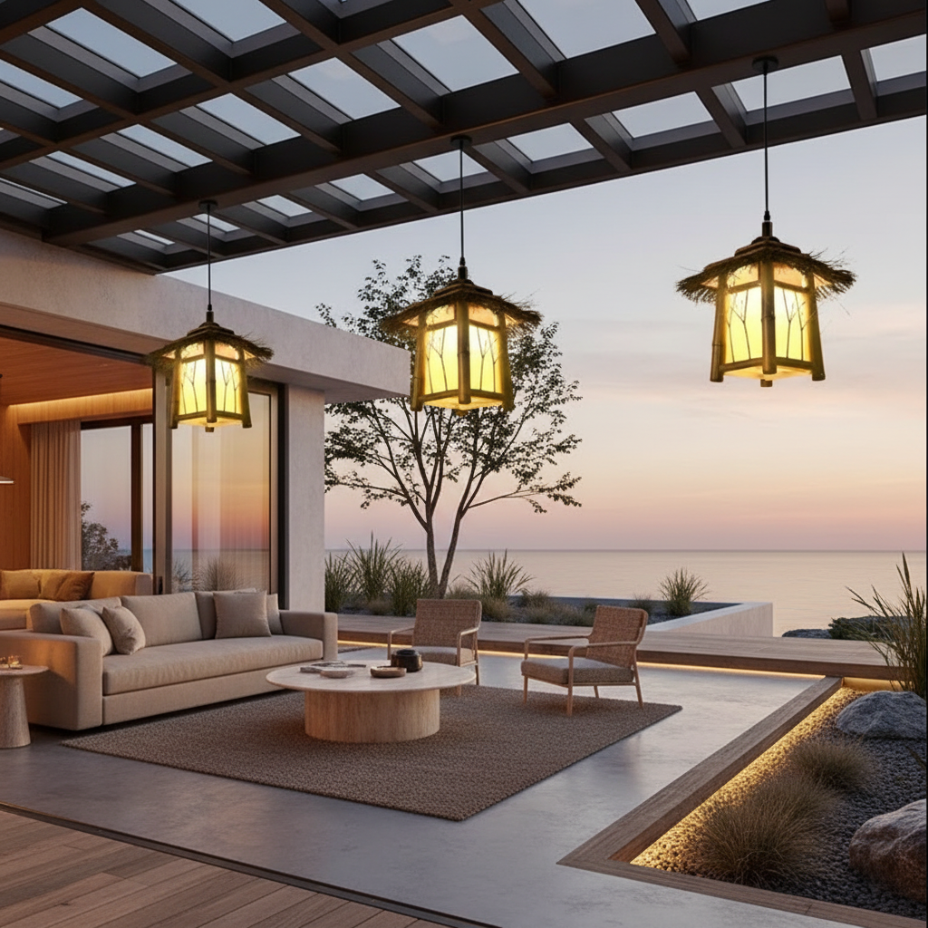 Rustic Bamboo Outdoor Pendant Wall Light — Modern LED Garden Patio