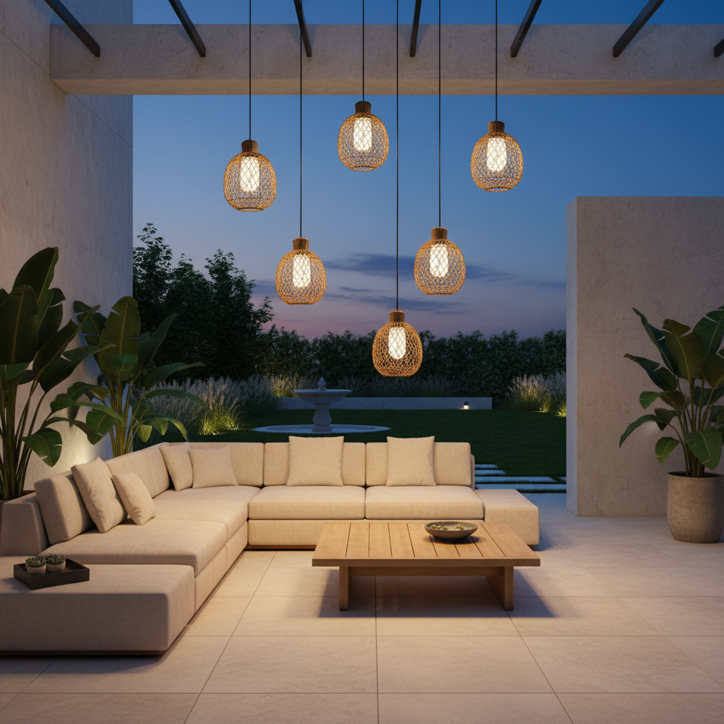 Rustic Iron Rattan Shade Outdoor Pendant Lantern — Modern Garden Light