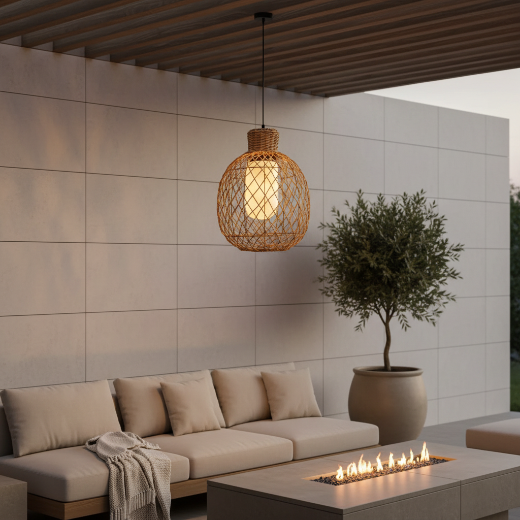 Rustic Iron Rattan Shade Outdoor Pendant Lantern — Modern Garden Light