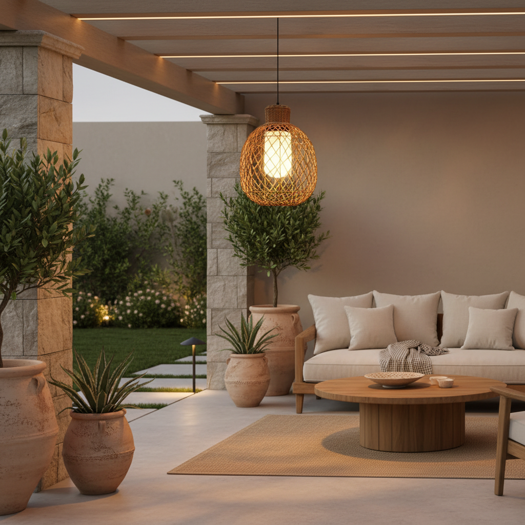 Rustic Iron Rattan Shade Outdoor Pendant Lantern — Modern Garden Light