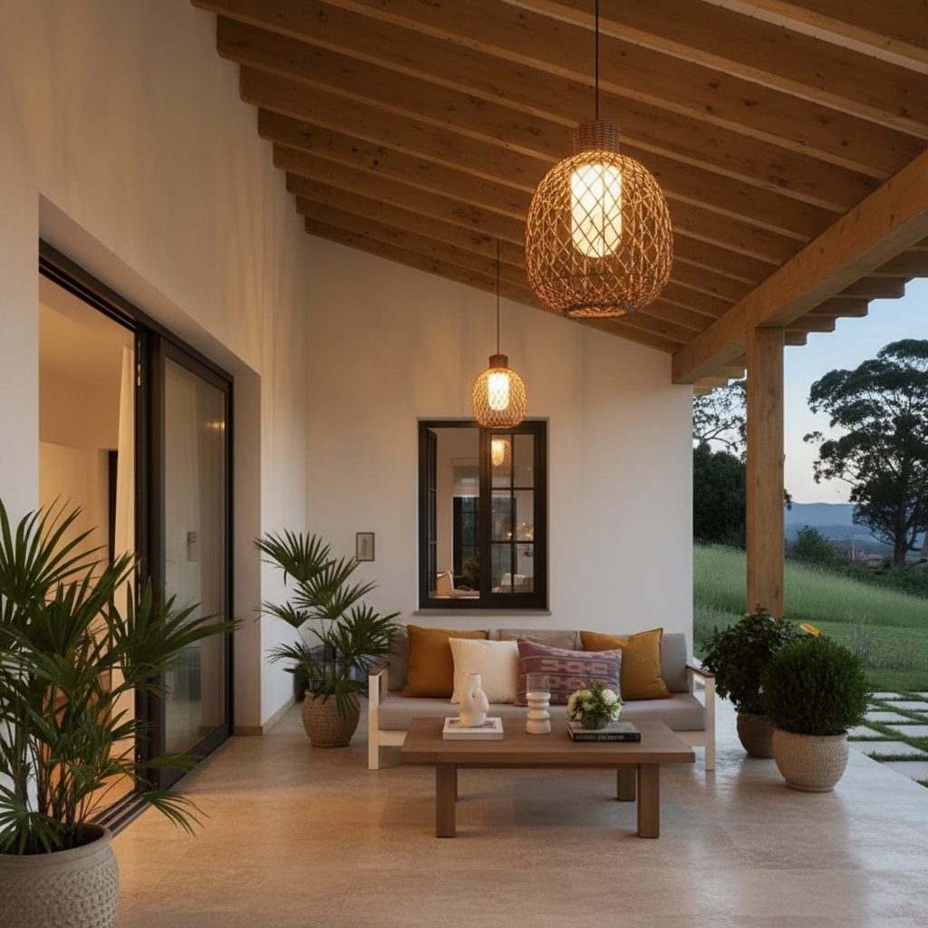 Rustic Iron Rattan Shade Outdoor Pendant Lantern — Modern Garden Light