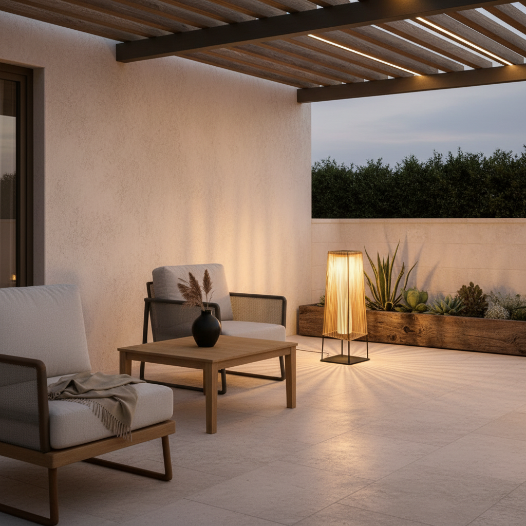 Rustic Woven Stainless Steel Solar Outdoor Floor Lamp — Dual Power
