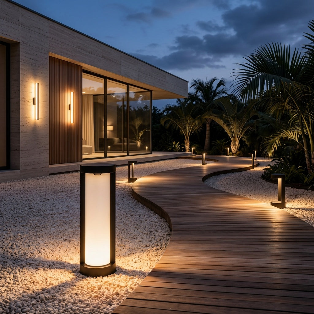 Solar Cylindrical Aluminium Outdoor Pillar Light — Warm White Landscape