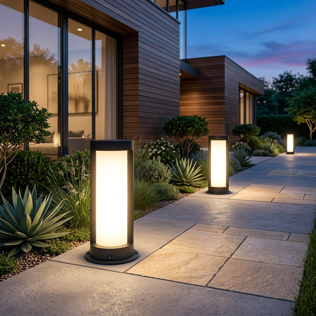 Solar Cylindrical Aluminium Outdoor Pillar Light — Warm White Landscape