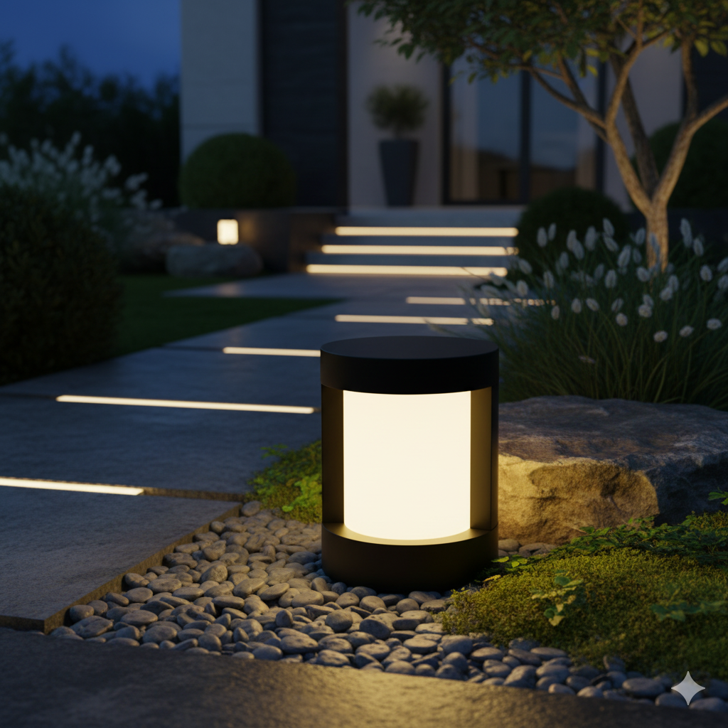 Solar Cylindrical Aluminium Outdoor Pillar Light — Warm White Landscape
