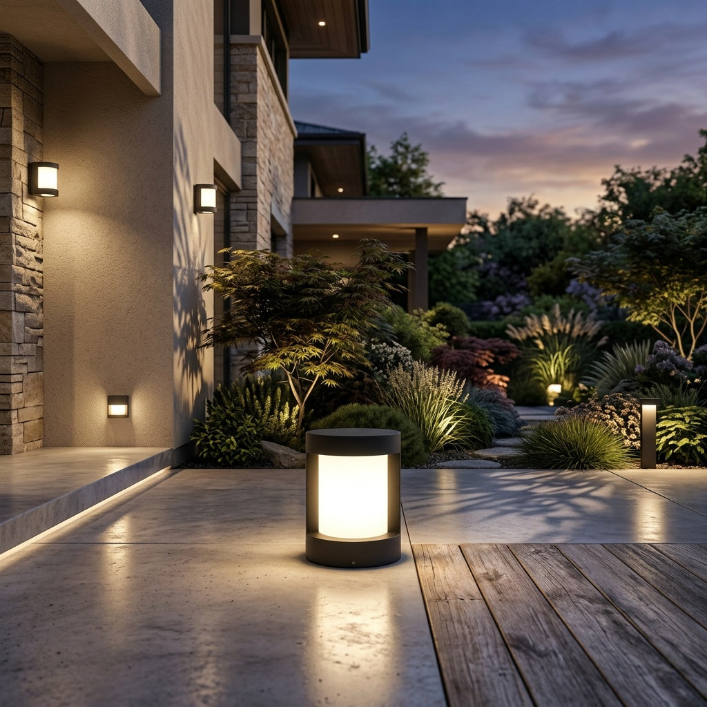 Solar Cylindrical Aluminium Outdoor Pillar Light — Warm White Landscape