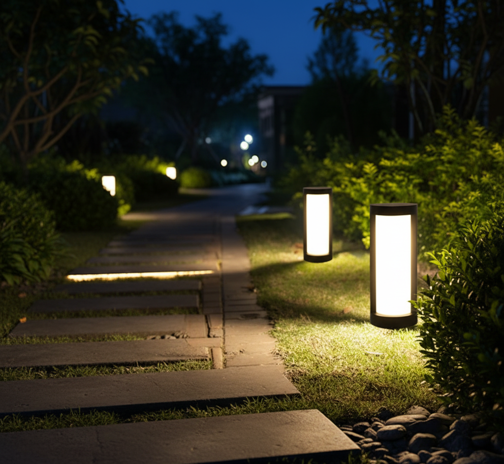 Solar Cylindrical Aluminium Outdoor Pillar Light — Warm White Landscape
