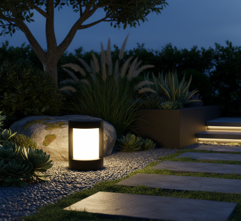 Solar Cylindrical Aluminium Outdoor Pillar Light — Warm White Landscape