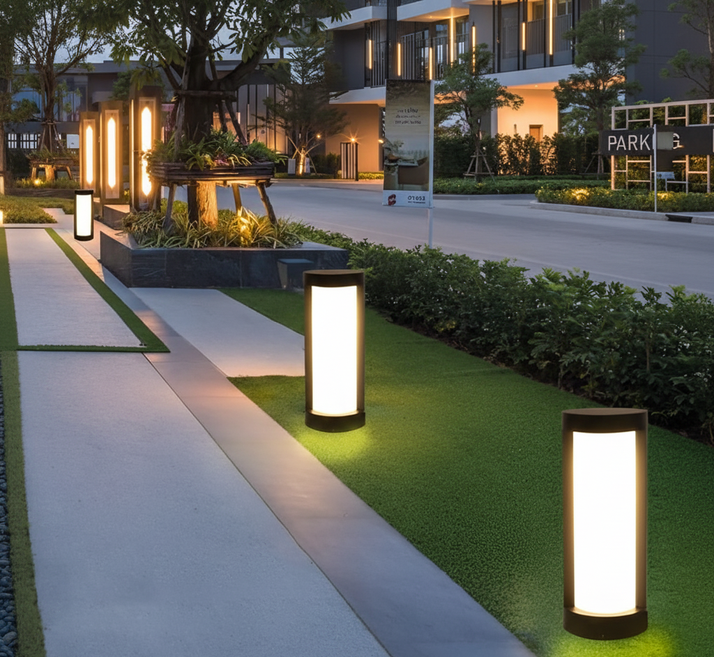 Solar Cylindrical Aluminium Outdoor Pillar Light — Warm White Landscape