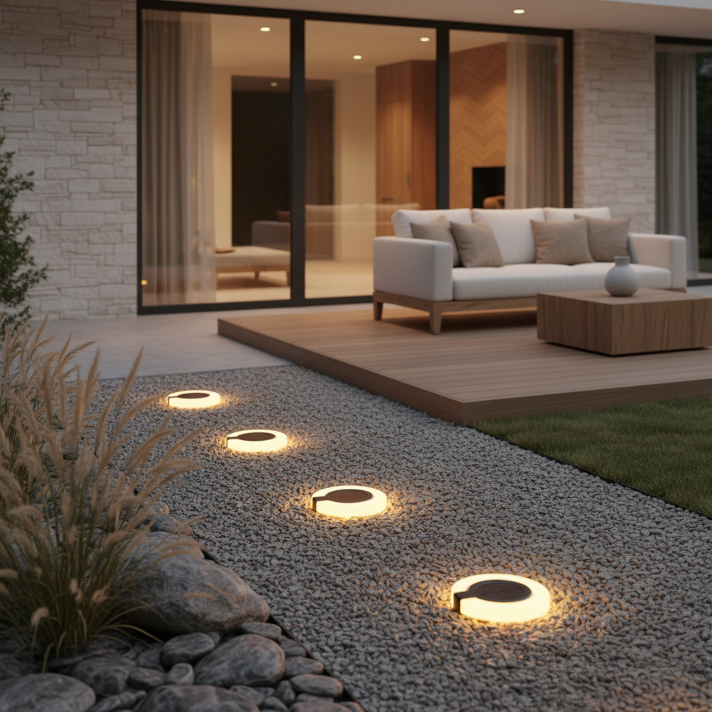 Solar Garden Disk Stake Lights — Set of 4 Adjustable Warm White