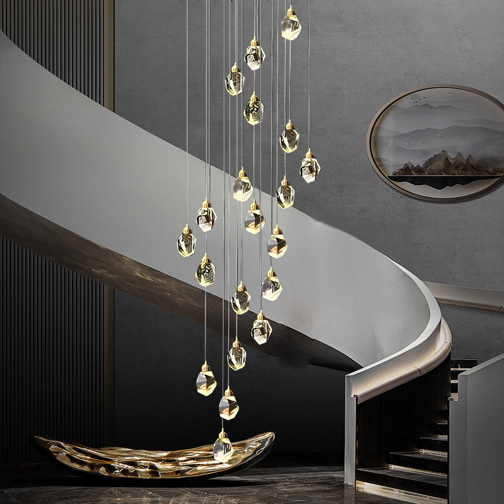 Spiral Crystal Staircase Chandelier — High Ceiling 3-Light Commercial LED
