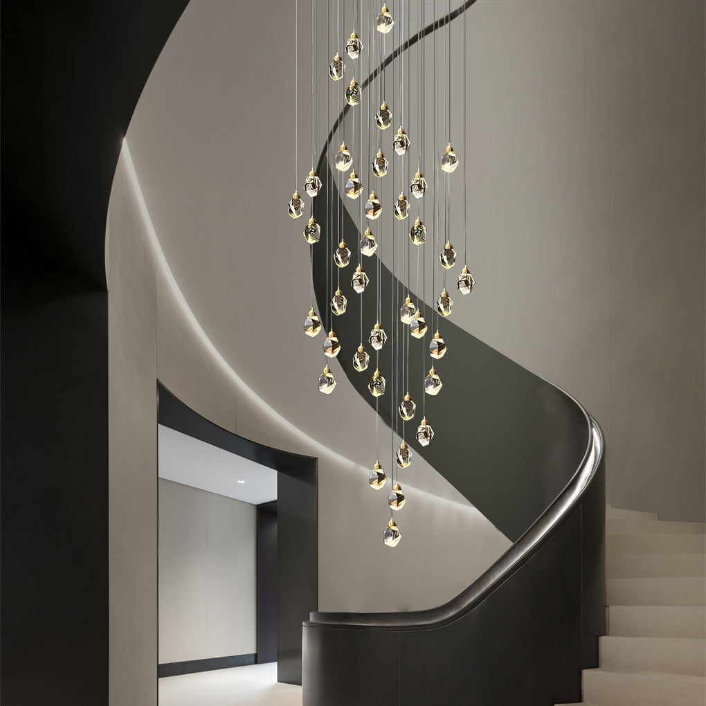 Spiral Crystal Staircase Chandelier — High Ceiling 3-Light Commercial LED