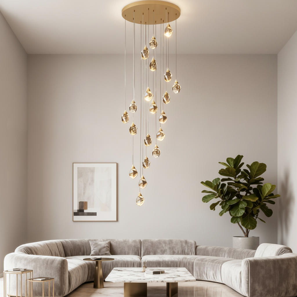 Spiral Crystal Staircase Chandelier — High Ceiling 3-Light Commercial LED