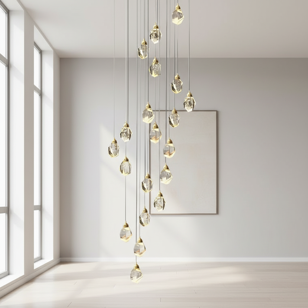 Spiral Crystal Staircase Chandelier — High Ceiling 3-Light Commercial LED