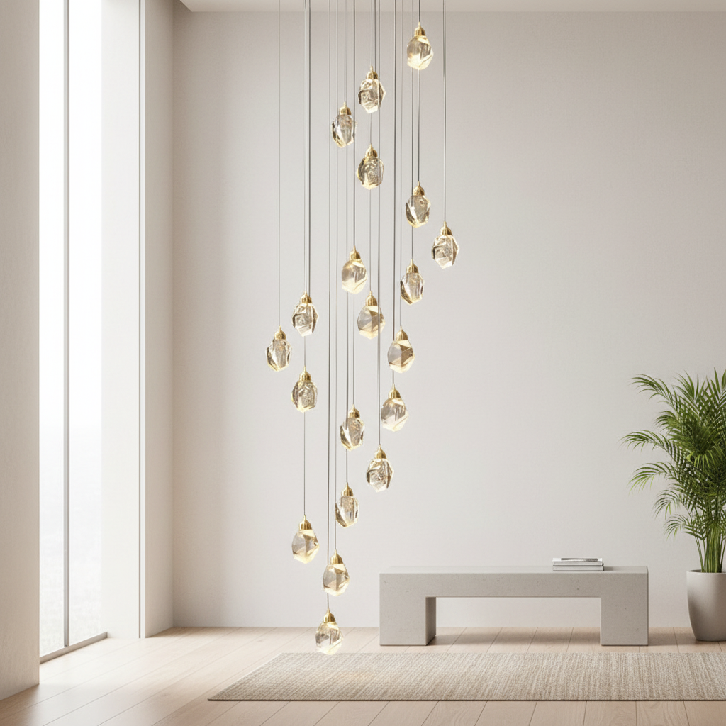 Spiral Crystal Staircase Chandelier — High Ceiling 3-Light Commercial LED