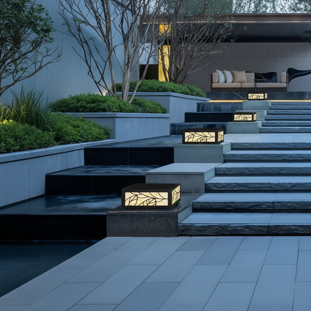 Square Marble Finish Solar Garden Pillar Light — Durable Modern LED
