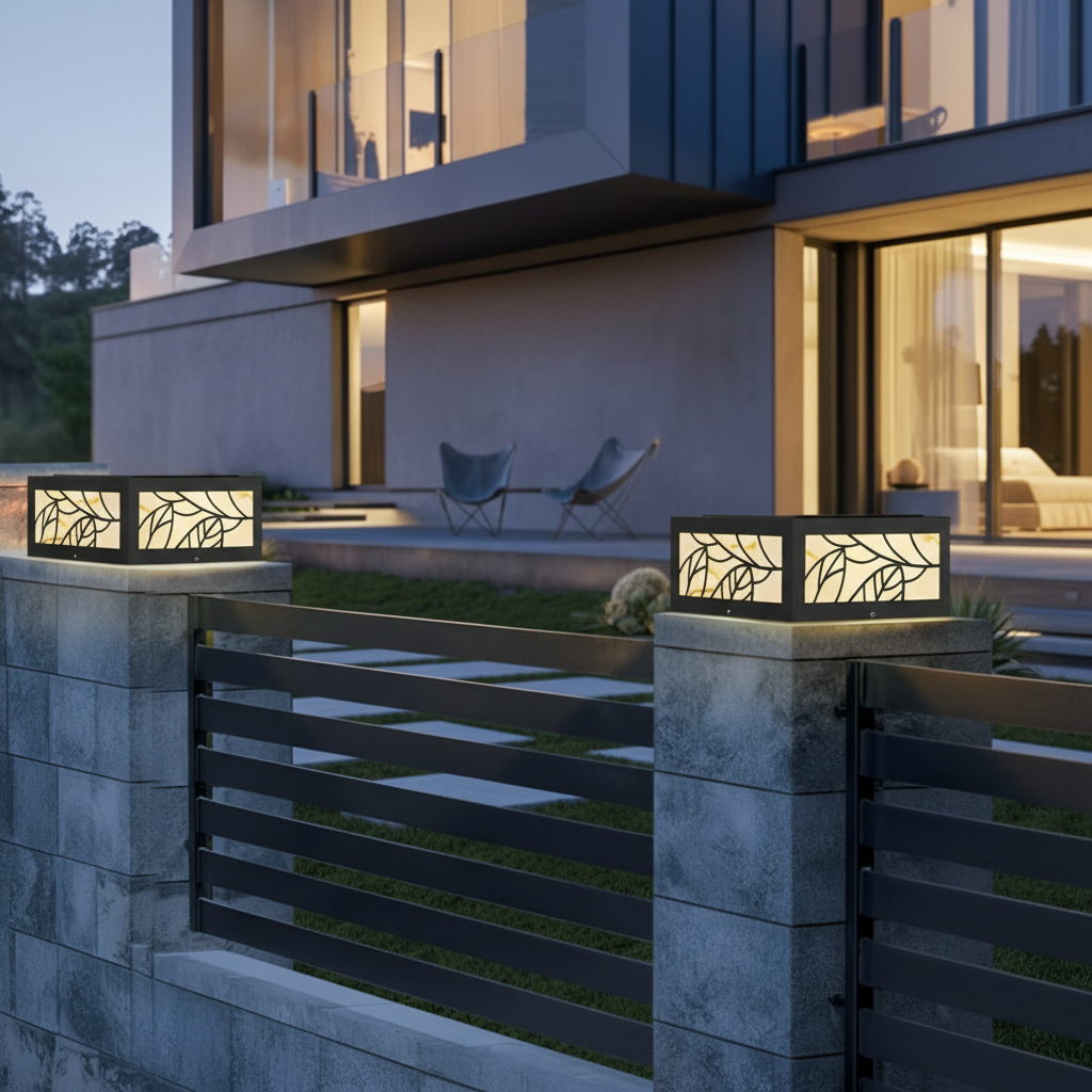 Square Marble Finish Solar Garden Pillar Light — Durable Modern LED