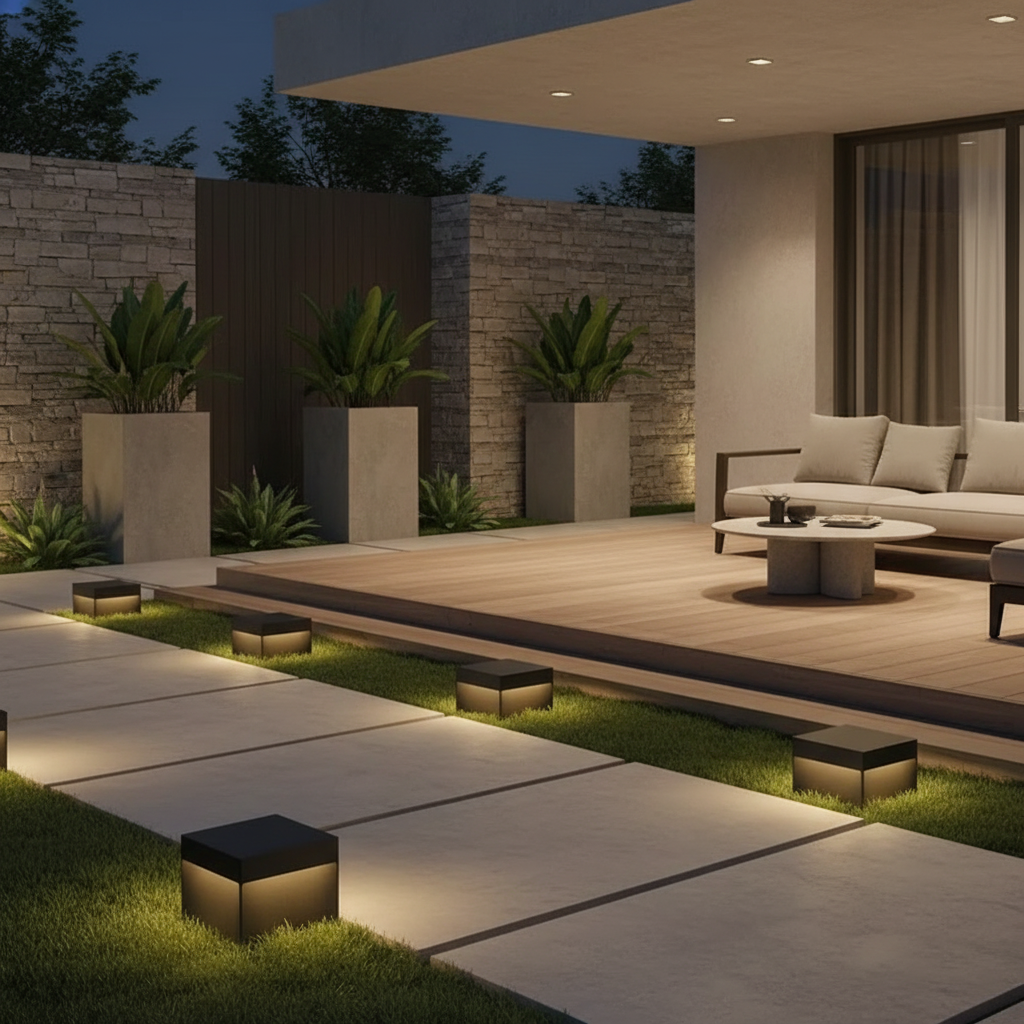 Square Solar Garden Pillar Light — Acrylic Shade Dual Power Hardwired