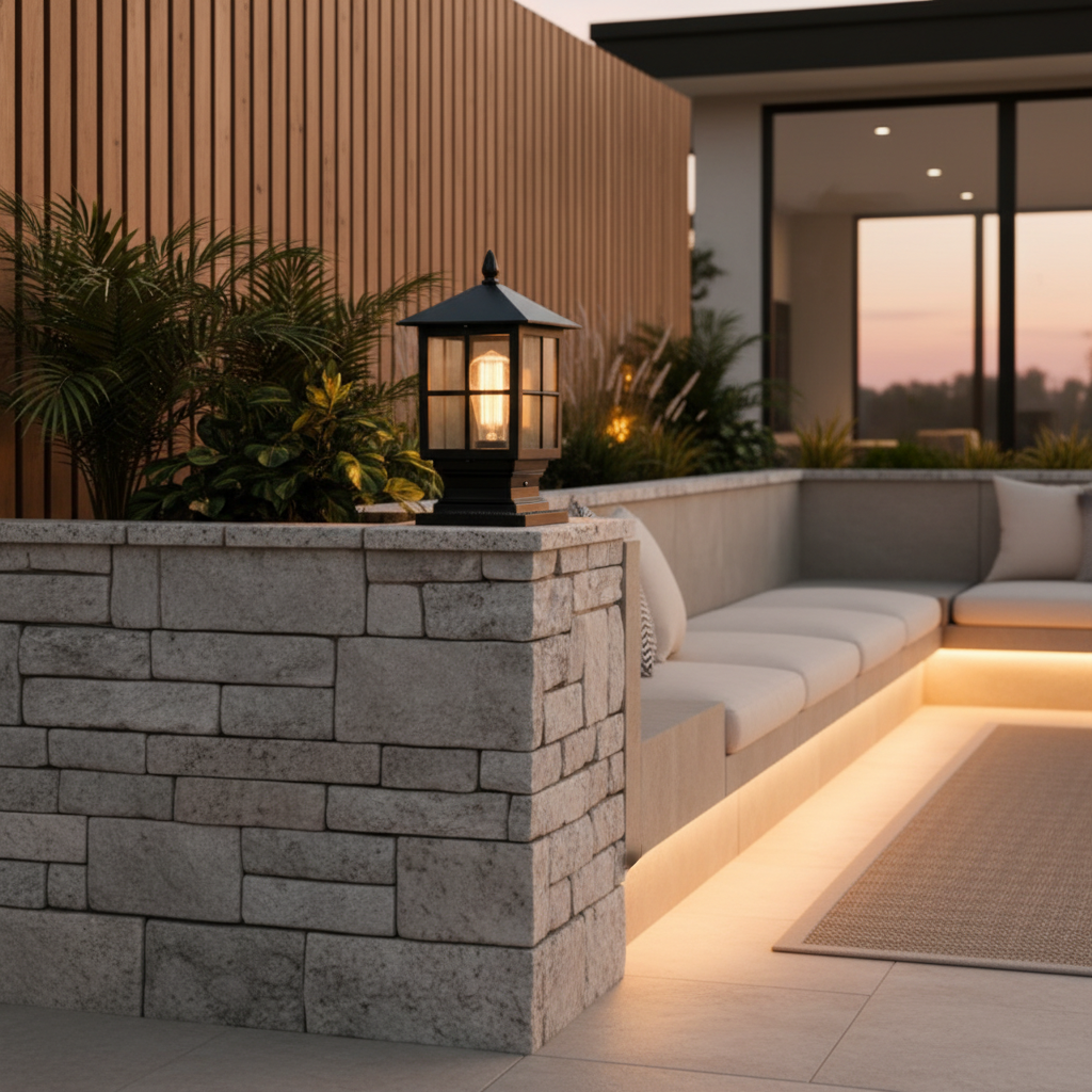 Stone Effect Aluminium Solar Pillar Light — Warm White Waterproof Garden