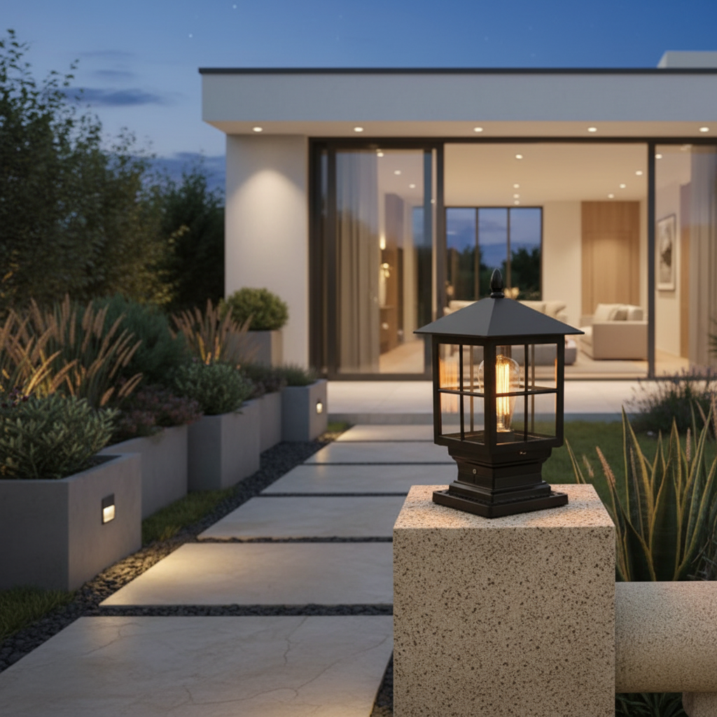 Stone Effect Aluminium Solar Pillar Light — Warm White Waterproof Garden