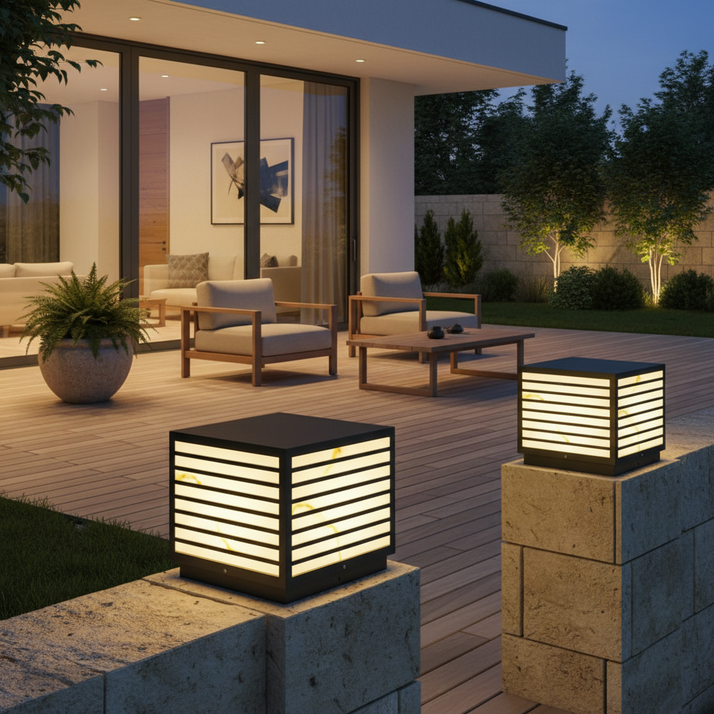 Stone Effect IP65 Marble Shade Solar Garden Pillar Light — Warm White