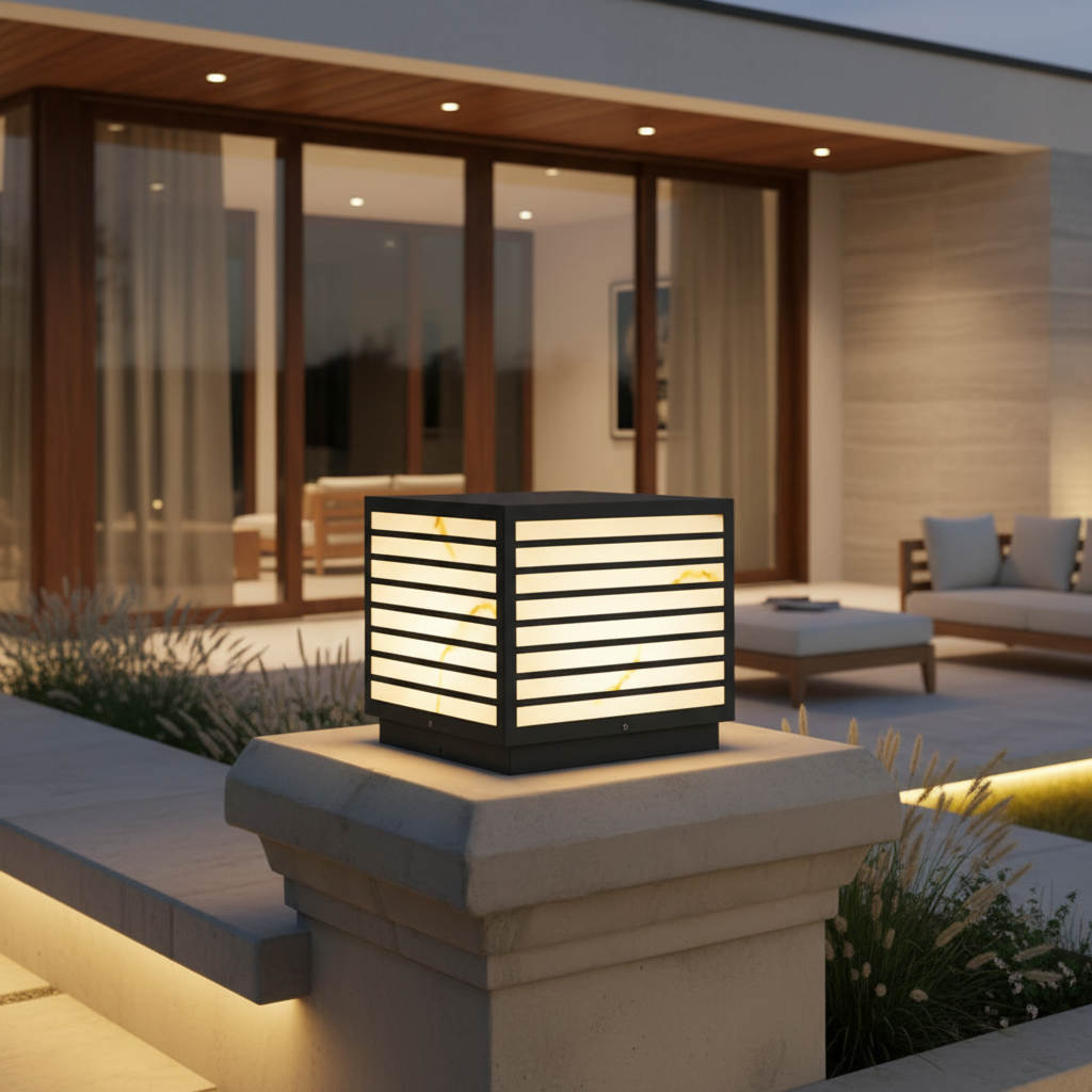 Stone Effect IP65 Marble Shade Solar Garden Pillar Light — Warm White