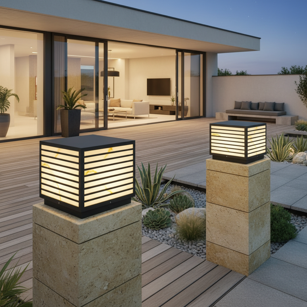 Stone Effect IP65 Marble Shade Solar Garden Pillar Light — Warm White