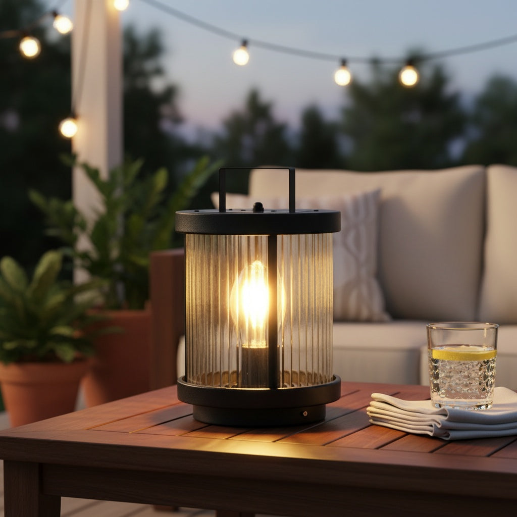 Striped Glass Solar Outdoor Lantern — Warm Candlelight LED IP54 Stainless