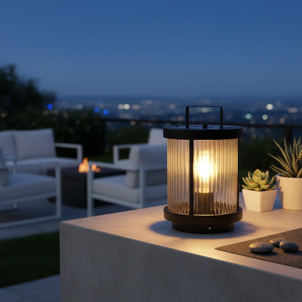 Striped Glass Solar Outdoor Lantern — Warm Candlelight LED IP54 Stainless