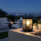 Striped Glass Solar Outdoor Lantern — Warm Candlelight LED IP54 Stainless