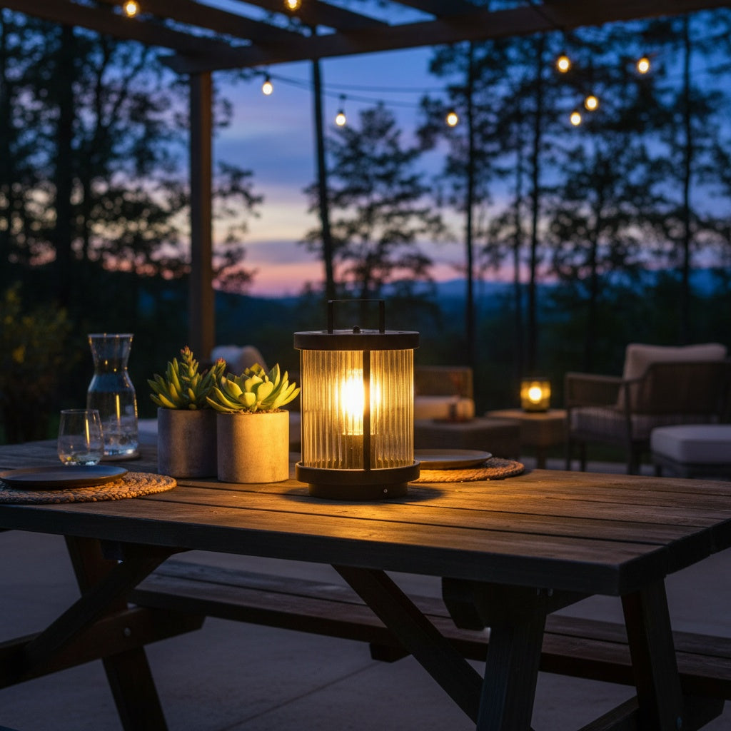 Striped Glass Solar Outdoor Lantern — Warm Candlelight LED IP54 Stainless