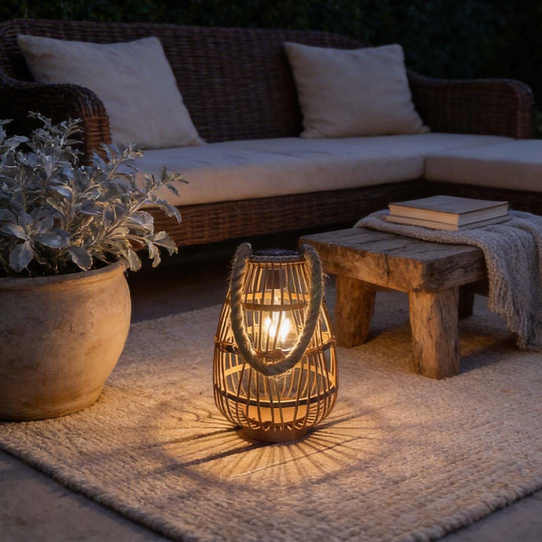 Vintage Rattan Solar Garden Lantern — Warm Amber Eco Friendly Hanging