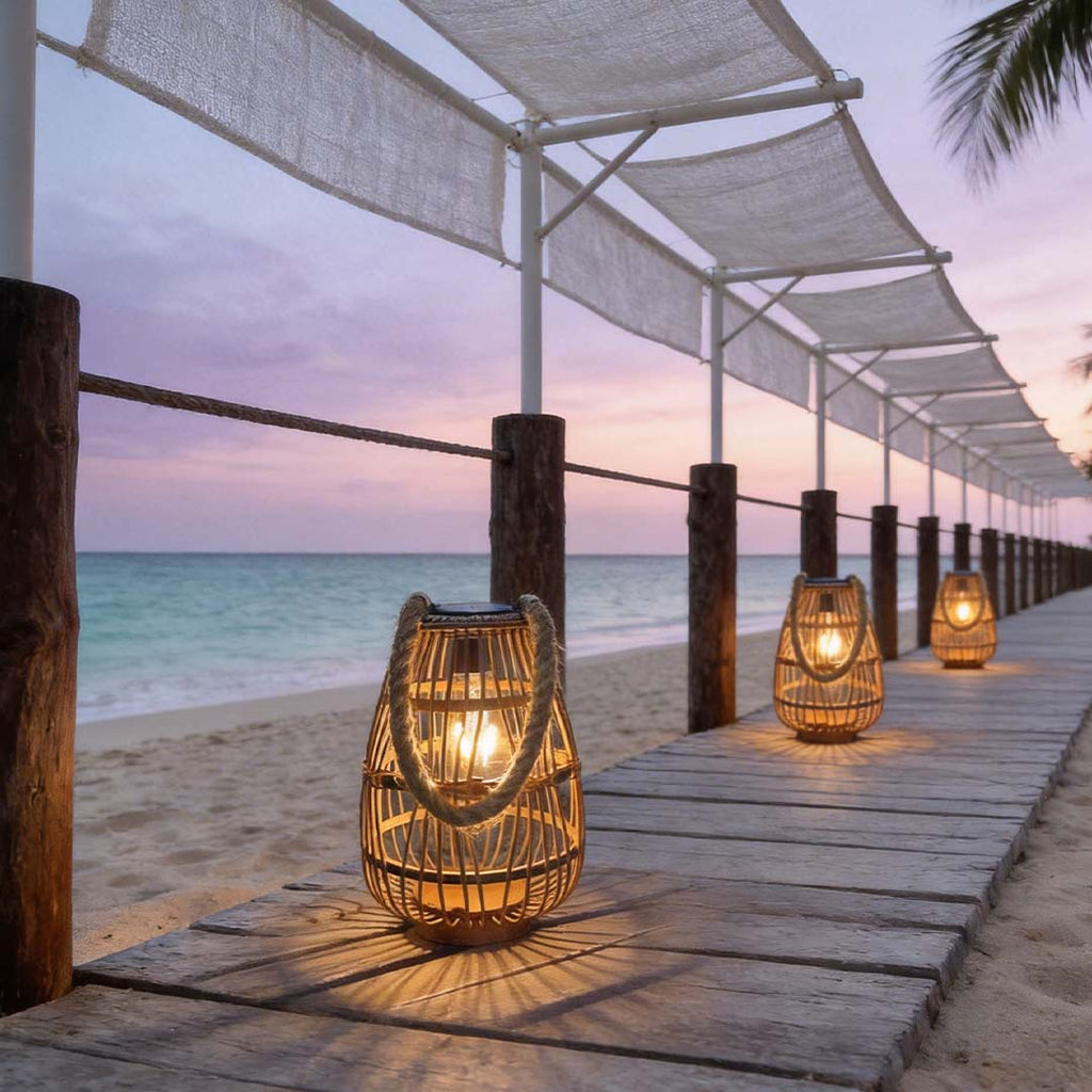 Vintage Rattan Solar Garden Lantern — Warm Amber Eco Friendly Hanging