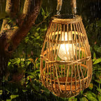 Vintage Rattan Solar Garden Lantern — Warm Amber Eco Friendly Hanging