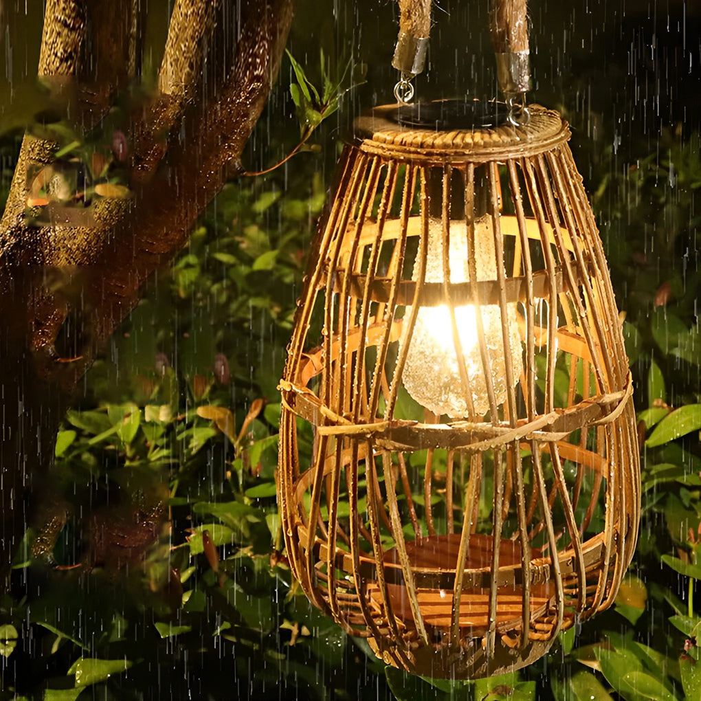 Vintage Rattan Solar Garden Lantern — Warm Amber Eco Friendly Hanging