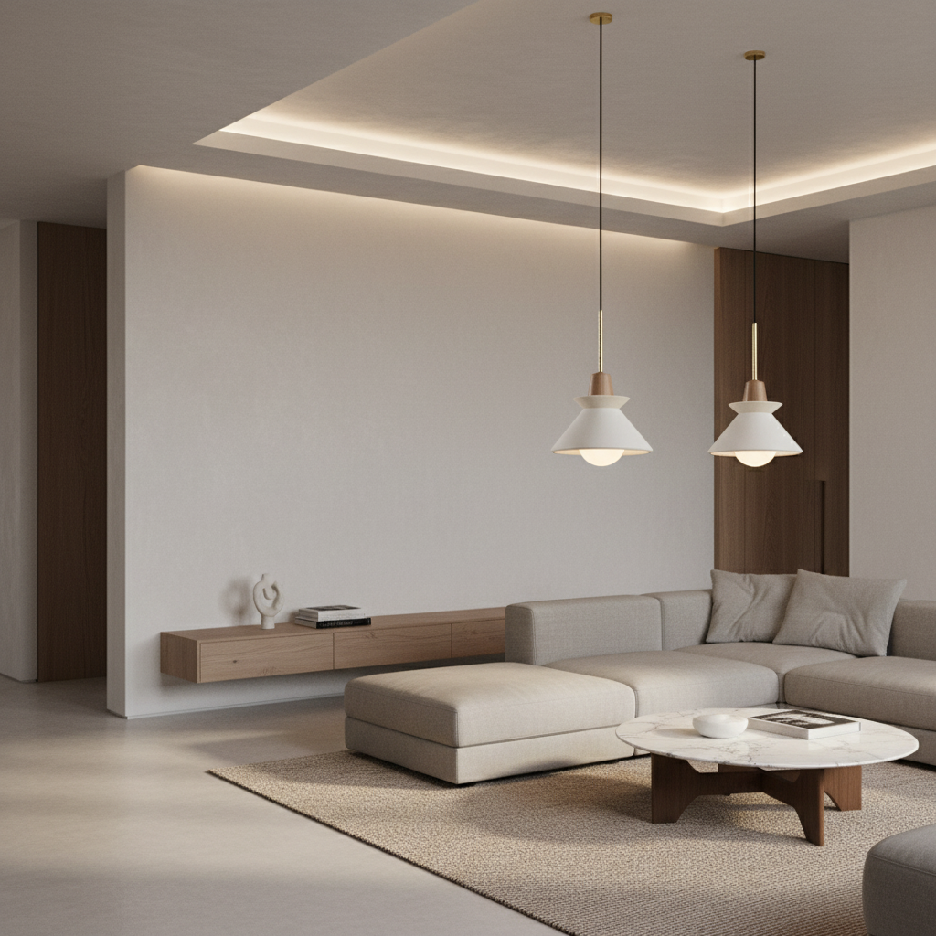 White Cement Mini Industrial Pendant Light — Minimalist Dining Room